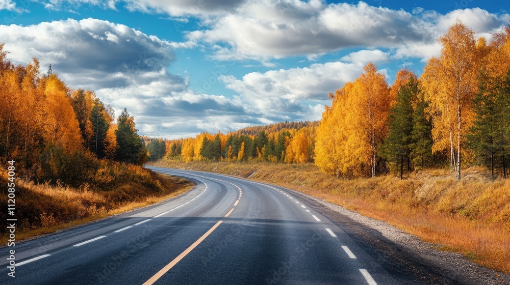Winding highway through vibrant autumn foliage under a clear blue sky in a serene landscape setting Winding highway through vibrant autumn foliage under a clear blue sky in a serene landscape setting