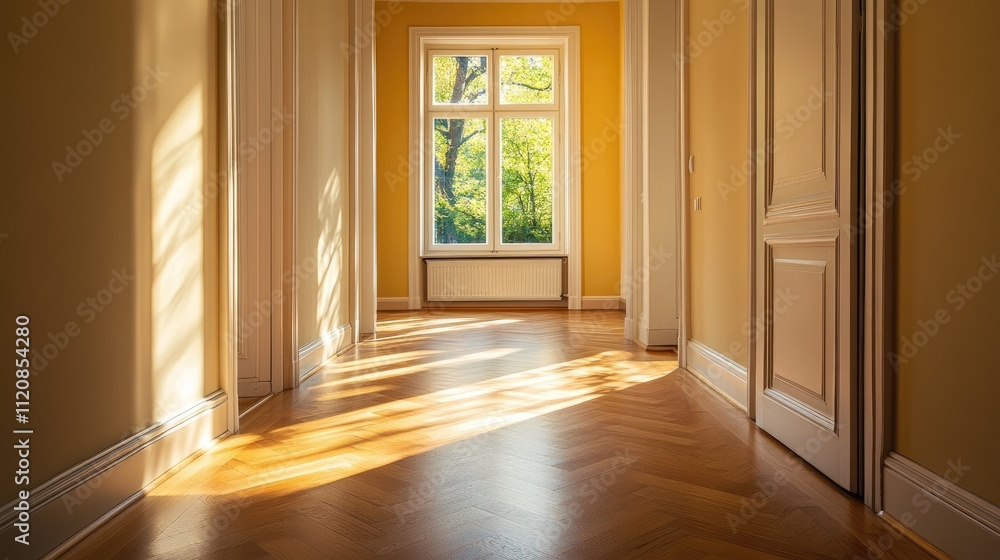 Bright residential hallway featuring oak parquet floors and large window overlooking an interior patio surrounded by lush greenery. Bright residential hallway featuring oak parquet floors and large window overlooking an interior patio surrounded by lush greenery.