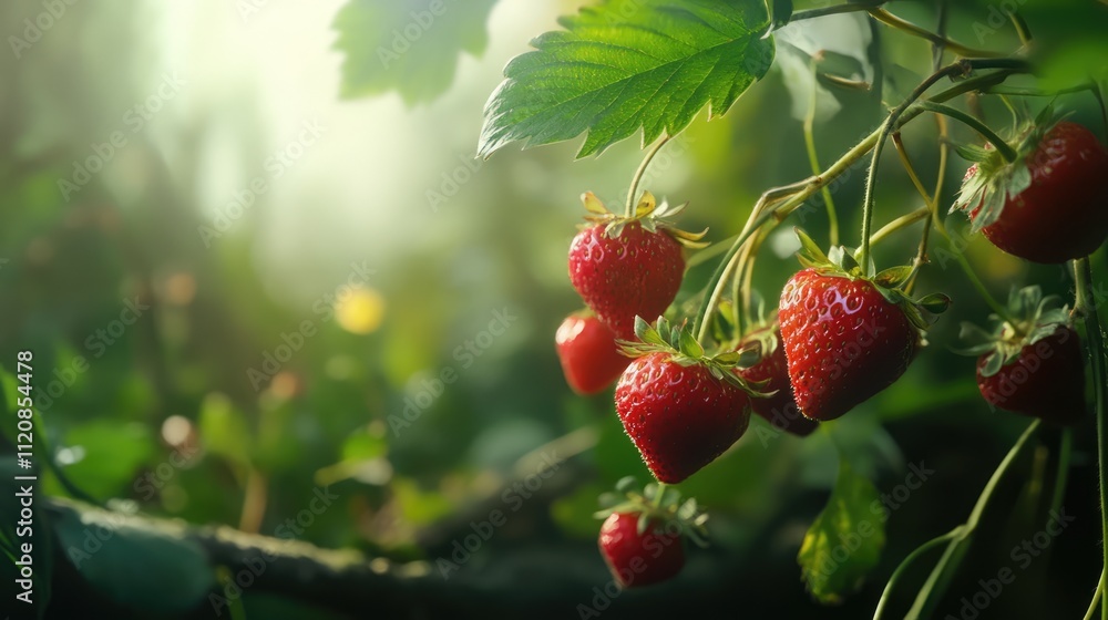 Obraz premium Fresh ripe strawberries hanging on a green branch in a sunny outdoor setting capturing natural sweetness and vibrant colors.