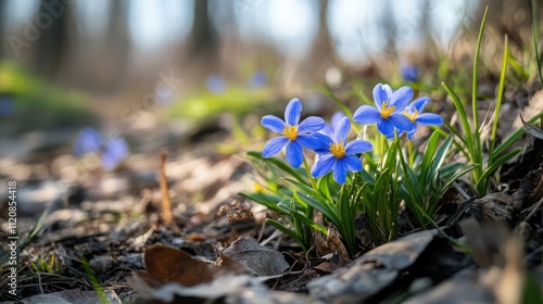 Midwest Hiking Trail with Early Spring Flowers Blooming in Natural Landscape