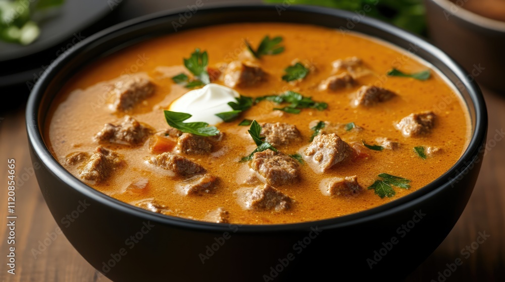 Savory Meat Sour Soup Garnished with Fresh Herbs and Cream in a Rustic Bowl Savory Meat Sour Soup Garnished with Fresh Herbs and Cream in a Rustic Bowl