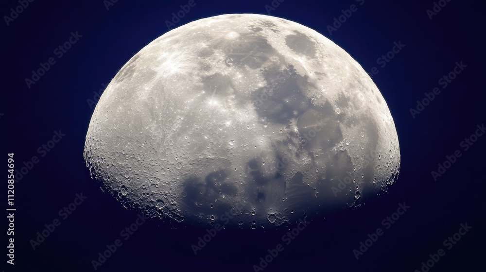 Serene half moon illuminating a dark blue evening sky showcasing intricate lunar details and celestial beauty. Serene half moon illuminating a dark blue evening sky showcasing intricate lunar details and celestial beauty.