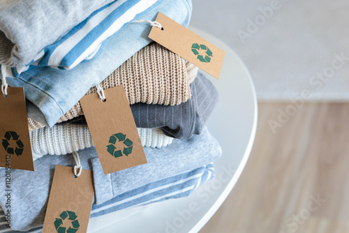 Pile of neatly folded clothes made by recycling material with tag on table top view closeup