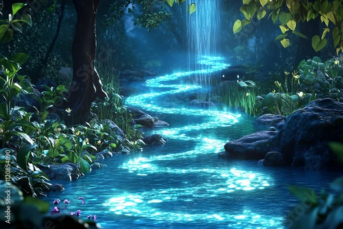 Enchanting illuminated stream winding through a magical forest, under a starlit sky. photo