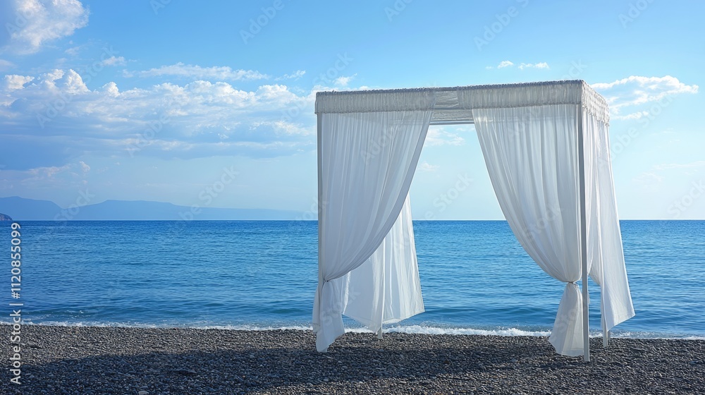 Fototapeta premium Beachfront wedding arch with flowing white drapes against a serene coastal backdrop of blue skies and calm waters. Perfect for romantic events.