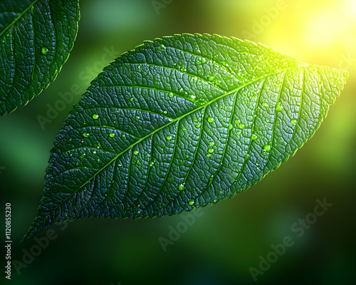 Close-up of two vibrant green leaves with water droplets, illuminated by sunlight.