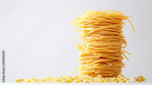 Creative stack of uncooked spaghetti pasta with decorative pasta shapes on a clean white background showcasing culinary texture and design. photo