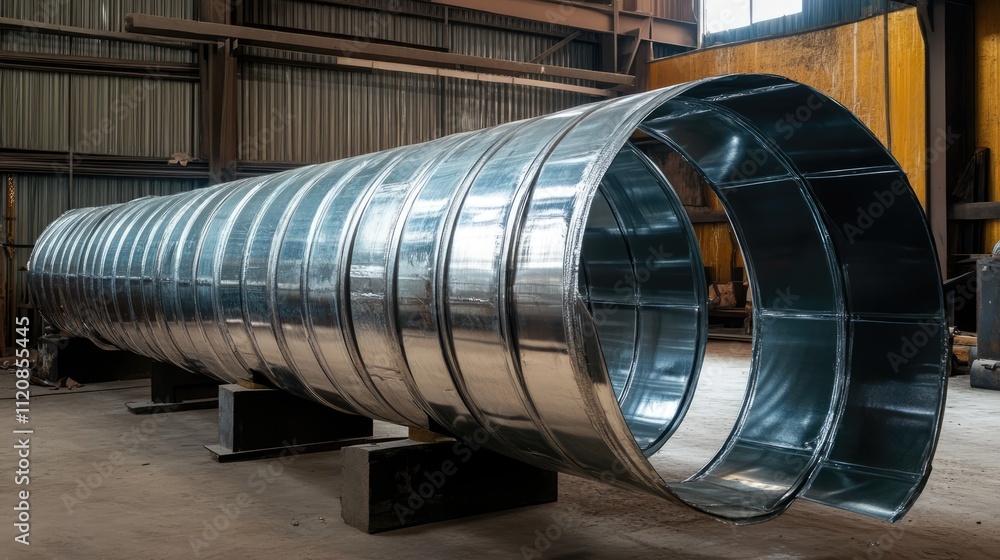 Zinc Coated Industrial Air Duct for Heating and Air Conditioning Systems in Manufacturing Facility Zinc Coated Industrial Air Duct for Heating and Air Conditioning Systems in Manufacturing Facility