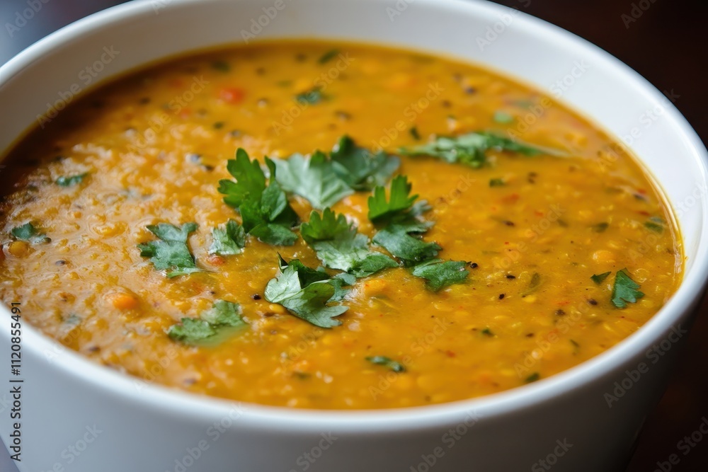 Warm creamy lentil soup in white bowl garnished with fresh cilantro Warm creamy lentil soup in white bowl garnished with fresh cilantro