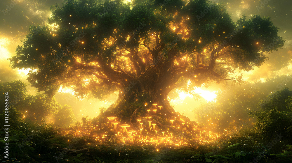 Naklejka premium Glowing ancient tree in mystical forest at sunset.