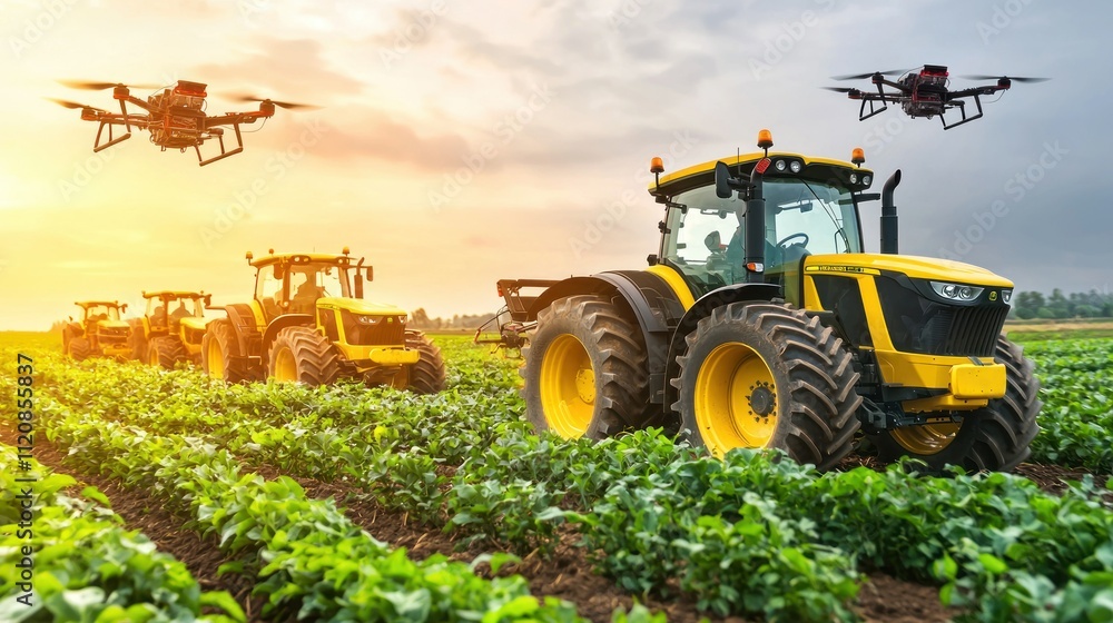 Obraz premium Tractors and drones working in a vibrant agricultural field at sunset.