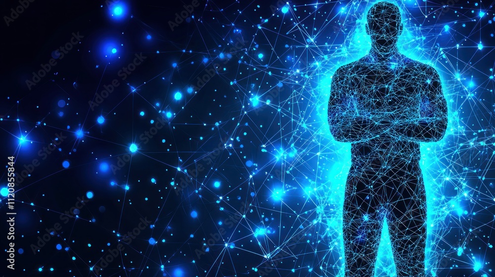 A digital silhouette surrounded by a network of glowing blue lines and dots.