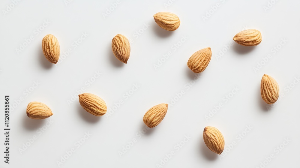 Almond nuts scattered on a clean white background showcasing their natural texture and shape ideal for health and nutrition themes Almond nuts scattered on a clean white background showcasing their natural texture and shape ideal for health and nutrition themes