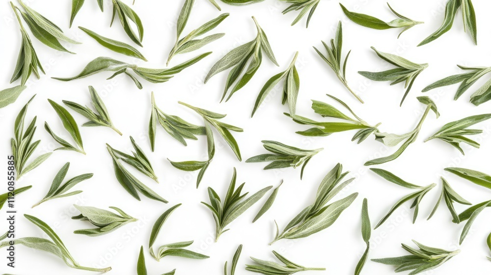 Fresh green tea leaves arranged artistically against a clean white backdrop showcasing their natural textures and vibrant colors from above. Fresh green tea leaves arranged artistically against a clean white backdrop showcasing their natural textures and vibrant colors from above.