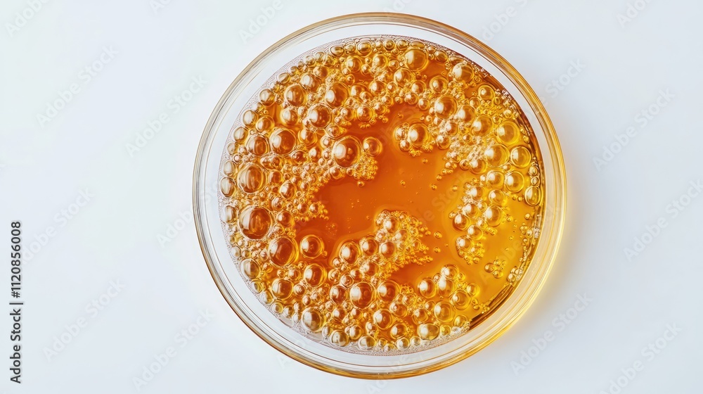 Honey in petri dish with bubbles on white background showcasing natural texture and color for culinary or health-related themes Honey in petri dish with bubbles on white background showcasing natural texture and color for culinary or health-related themes