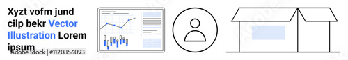 Business analytics graphic displaying charts, user profile icon, and a building sketch. Ideal for business analytics, user interface, real estate, data visualization, user profiles, marketing