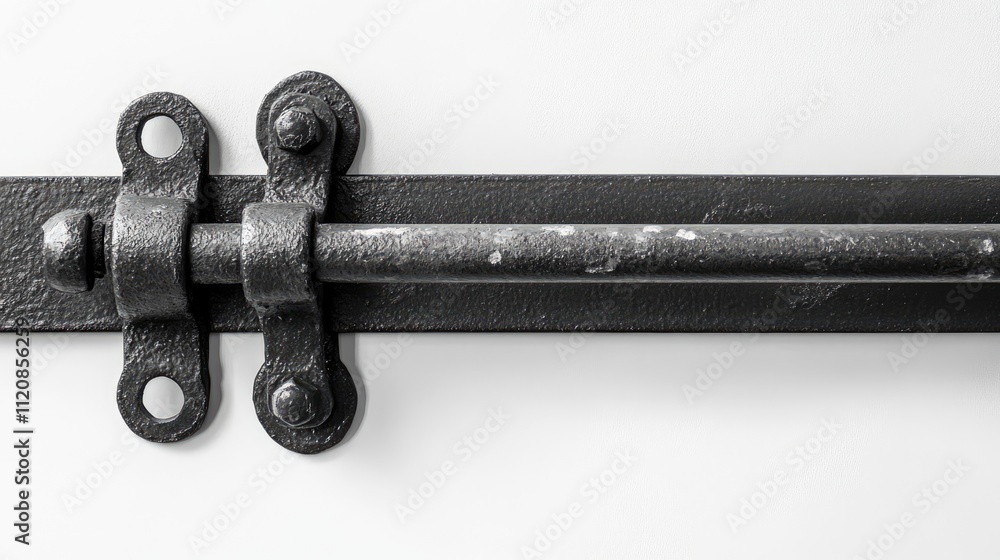 Monochrome close-up of an iron gate hinge bolt and tubular pipe rail ...