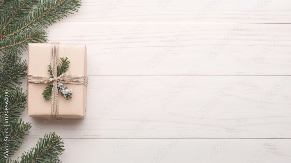 Minimalist Christmas gift box decorated with fir branches on a wooden background creating a serene festive atmosphere Minimalist Christmas gift box decorated with fir branches on a wooden background creating a serene festive atmosphere
