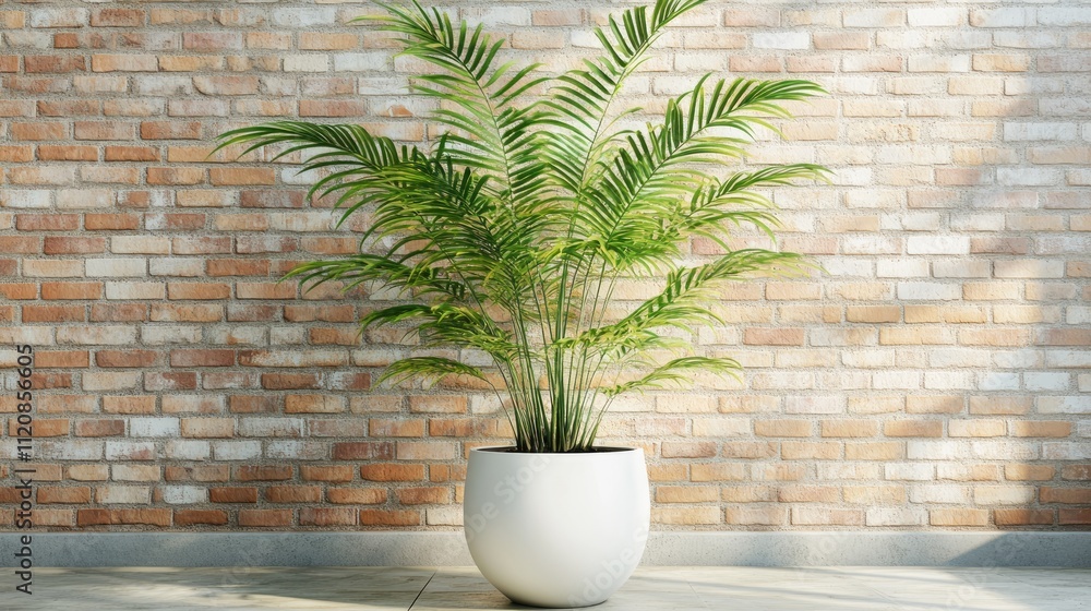 Lush tropical houseplant in a large white pot enhancing a modern entrance with a stylish brick wall backdrop for decorative appeal Lush tropical houseplant in a large white pot enhancing a modern entrance with a stylish brick wall backdrop for decorative appeal