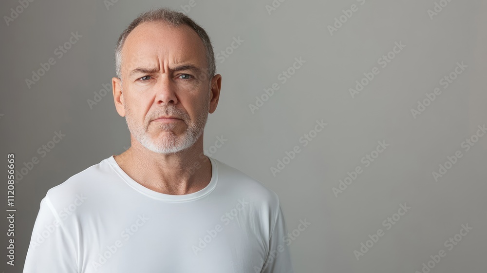 Skeptical middle aged man in white t-shirt expressing nervousness and distress against a neutral isolated background Skeptical middle aged man in white t-shirt expressing nervousness and distress against a neutral isolated background