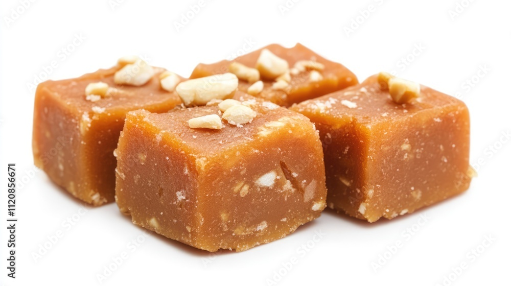 Traditional Indian Halwa dessert cubes topped with crushed nuts on a clean white background showcasing its rich texture and appeal. Traditional Indian Halwa dessert cubes topped with crushed nuts on a clean white background showcasing its rich texture and appeal.