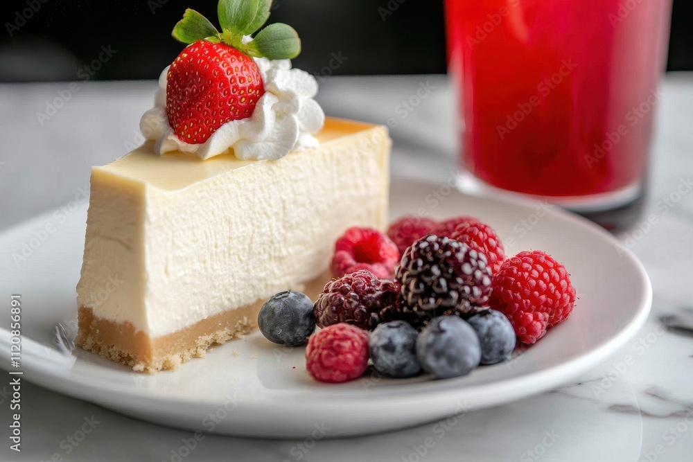 Slice of creamy cheesecake with fresh berries and whipped cream on white plate Slice of creamy cheesecake with fresh berries and whipped cream on white plate