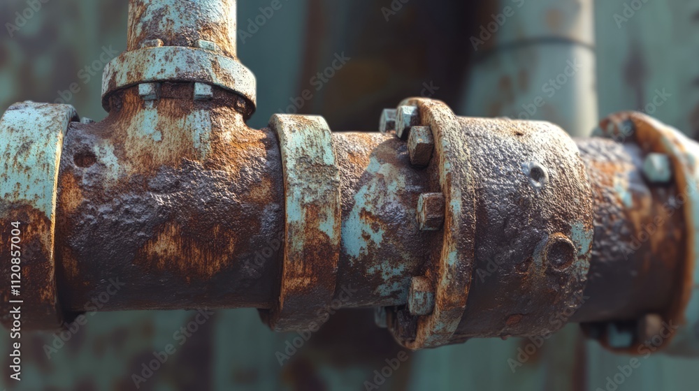 Rusty industrial pipe with corrosion and leaks showcasing decay and aging engineering in a derelict setting Rusty industrial pipe with corrosion and leaks showcasing decay and aging engineering in a derelict setting