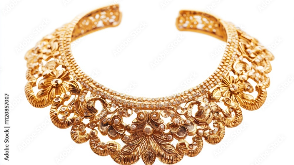 Elegant ornate gold necklace with intricate floral design isolated on white background for luxury jewelry advertising or fashion marketing. Elegant ornate gold necklace with intricate floral design isolated on white background for luxury jewelry advertising or fashion marketing.