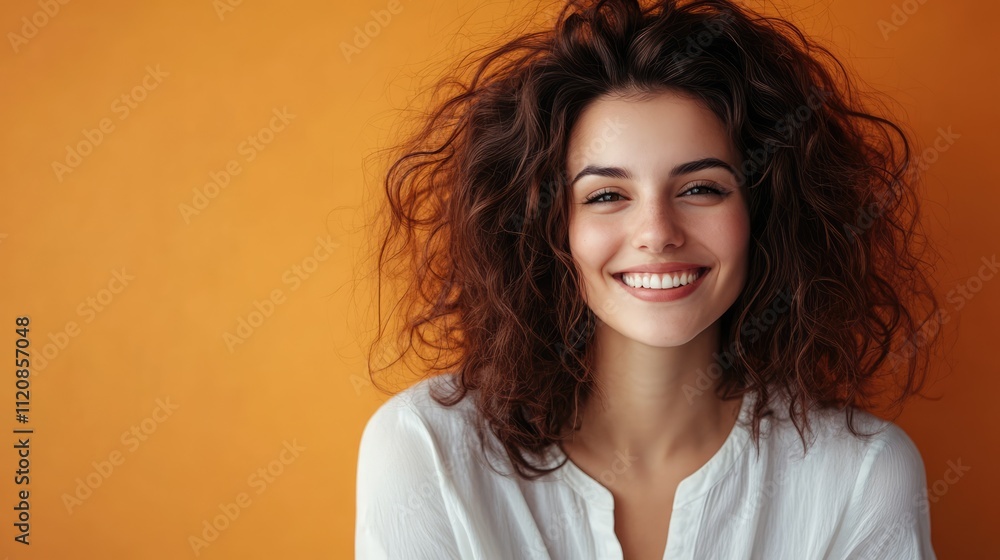 Elegant woman with curly hair smiling brightly against a vibrant orange backdrop wearing a stylish white blouse in a warm indoor setting. Elegant woman with curly hair smiling brightly against a vibrant orange backdrop wearing a stylish white blouse in a warm indoor setting.