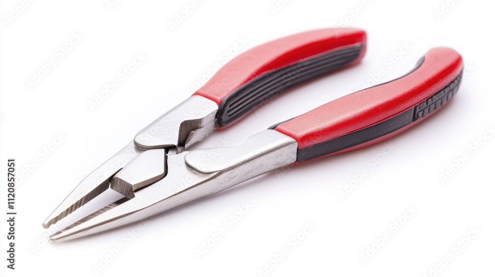 Insulated 1000V red pliers hand tool with silver metal jaws and ergonomic red black plastic handles on white background Insulated 1000V red pliers hand tool with silver metal jaws and ergonomic red black plastic handles on white background