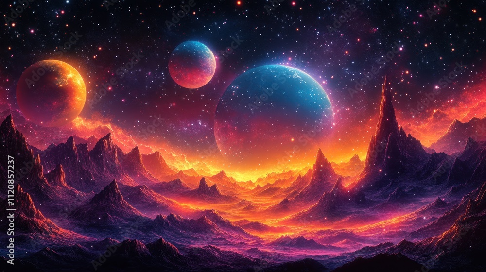 Futuristic Cosmic Art with Neon Planets Glowing Stars and Grid Pattern in Vibrant Retro Style Futuristic Cosmic Art with Neon Planets Glowing Stars and Grid Pattern in Vibrant Retro Style