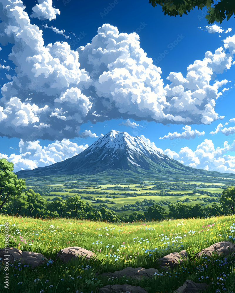Majestic snow-capped mountain overlooking a vibrant green valley with wildflowers and lush vegetation under a bright blue sky. Majestic snow-capped mountain overlooking a vibrant green valley with wildflowers and lush vegetation under a bright blue sky.