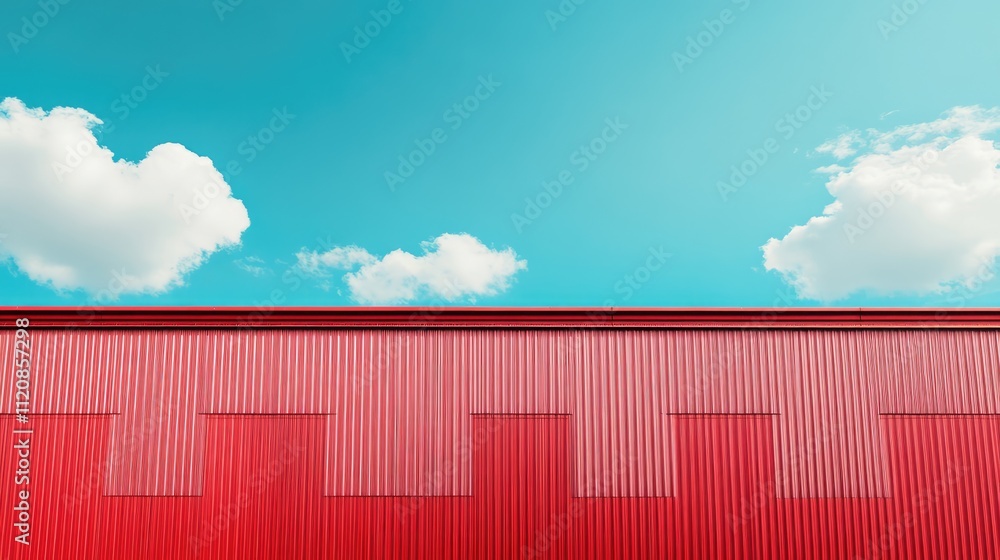 Gutters and rainwater system on a bright red warehouse roof against a clear blue sky with fluffy clouds and ample copy space for text. Gutters and rainwater system on a bright red warehouse roof against a clear blue sky with fluffy clouds and ample copy space for text.