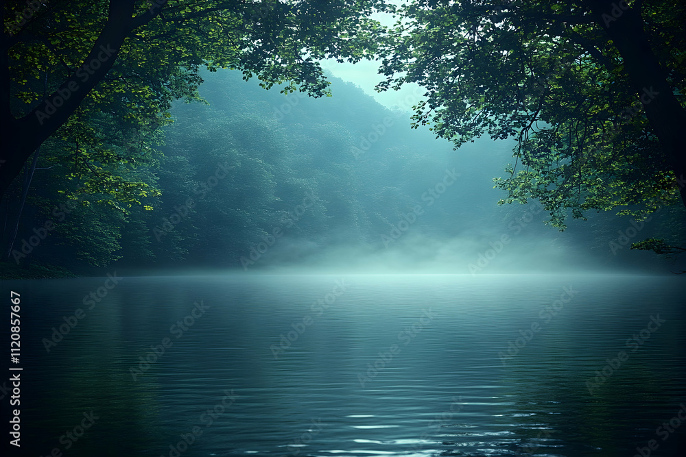 Misty lake in a serene forest at dawn. Misty lake in a serene forest at dawn.