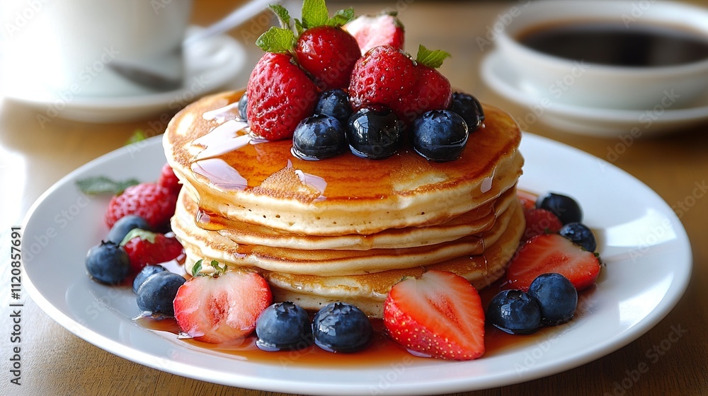 Delicious Pancakes with Strawberries and Blueberries Delicious Pancakes with Strawberries and Blueberries