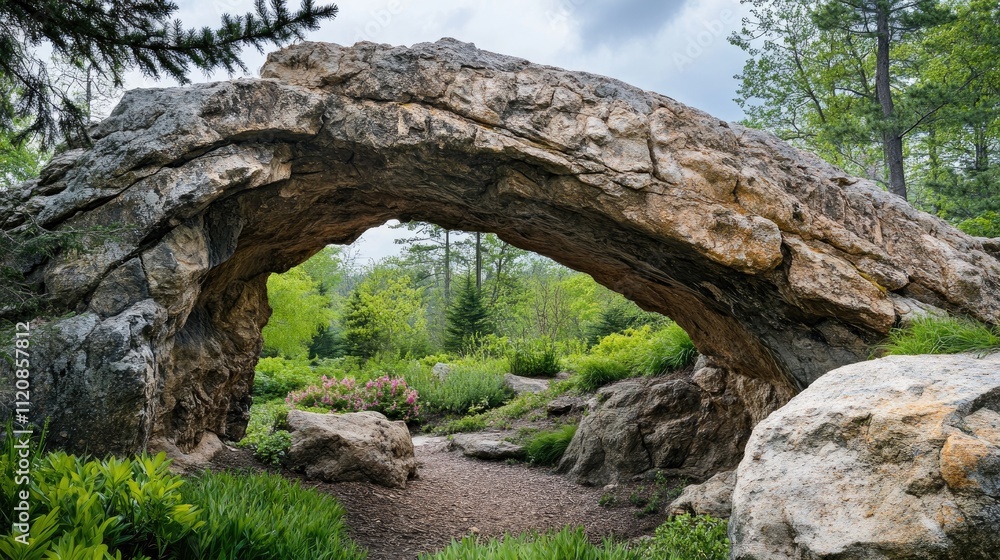 Natural stone arch in a lush garden setting showcasing vibrant greenery and a serene outdoor atmosphere ideal for landscape photography. Natural stone arch in a lush garden setting showcasing vibrant greenery and a serene outdoor atmosphere ideal for landscape photography.