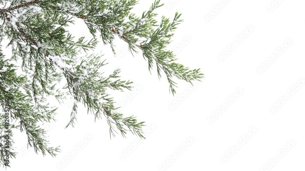Snow-dusted pine branch of a coniferous tree framed against a white background ideal for creating a festive congratulatory card design Snow-dusted pine branch of a coniferous tree framed against a white background ideal for creating a festive congratulatory card design