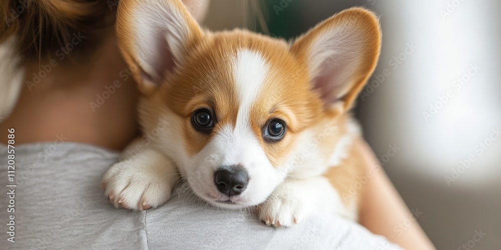 Adorable corgi puppy gazing at the camera while being gently held by its owner at a bright, modern veterinary clinic. Adorable corgi puppy gazing at the camera while being gently held by its owner at a bright, modern veterinary clinic.