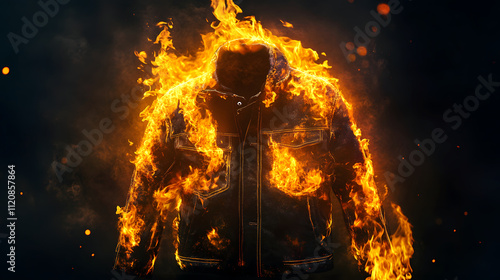 A jacket engulfed in vibrant flames against a dark background. The intense orange and yellow hues of the fire contrast beautifully with the dark jacket.