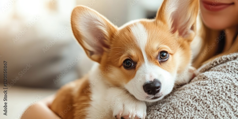 Adorable corgi puppy gazing at the camera while being gently held by its owner at a bright, modern veterinary clinic. Adorable corgi puppy gazing at the camera while being gently held by its owner at a bright, modern veterinary clinic.
