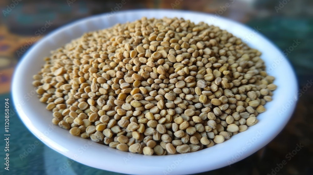 Fenugreek seeds in a white bowl highlighting their health benefits and culinary uses against a blurred background. Fenugreek seeds in a white bowl highlighting their health benefits and culinary uses against a blurred background.