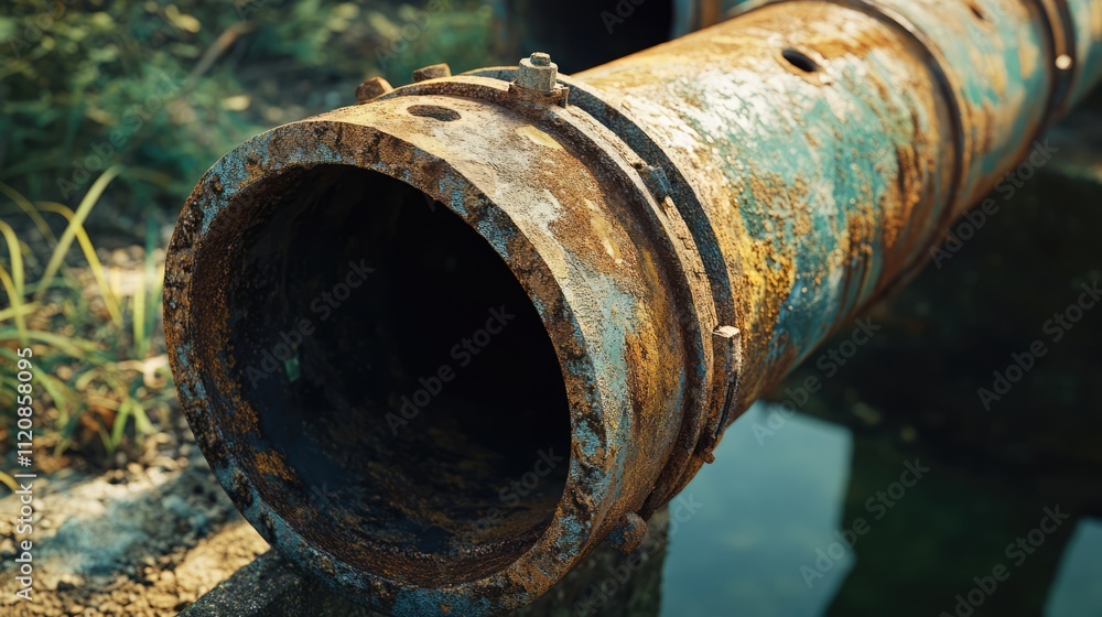 Rusty iron pipe for repairing sewage or water supply systems with visible corrosion and natural surroundings. Rusty iron pipe for repairing sewage or water supply systems with visible corrosion and natural surroundings.