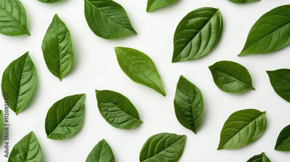 Variety of fresh green leaves arranged on a white background showcasing natural textures and shades. Ideal for botanical or wellness themes. Variety of fresh green leaves arranged on a white background showcasing natural textures and shades. Ideal for botanical or wellness themes.