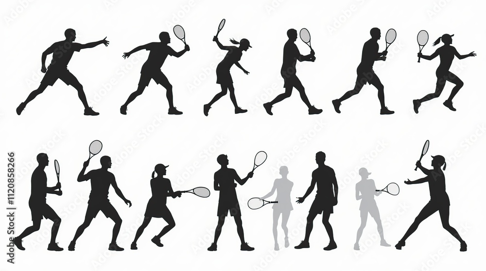 Silhouettes of Dynamic Tennis Players Exhibiting Various Athletic Poses Silhouettes of Dynamic Tennis Players Exhibiting Various Athletic Poses