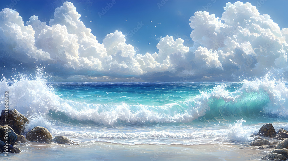 Ocean waves crashing on a sandy beach under a bright blue sky with fluffy white clouds. Ocean waves crashing on a sandy beach under a bright blue sky with fluffy white clouds.