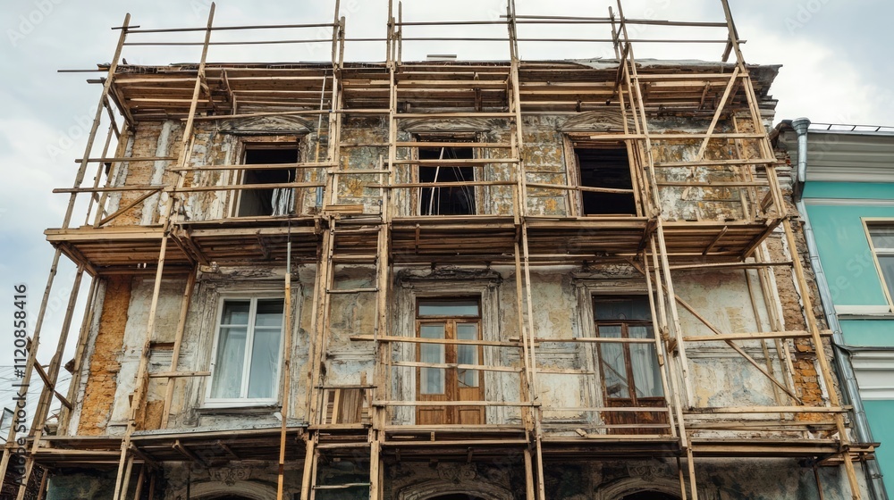 Renovation project featuring rustic wooden scaffolding supporting restoration work on an aged building's facade in an urban environment Renovation project featuring rustic wooden scaffolding supporting restoration work on an aged building's facade in an urban environment
