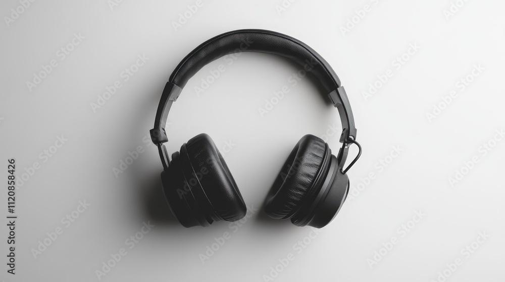 Black headphones with microphone isolated on a light background showcasing modern design and audio quality for tech advertisements Black headphones with microphone isolated on a light background showcasing modern design and audio quality for tech advertisements
