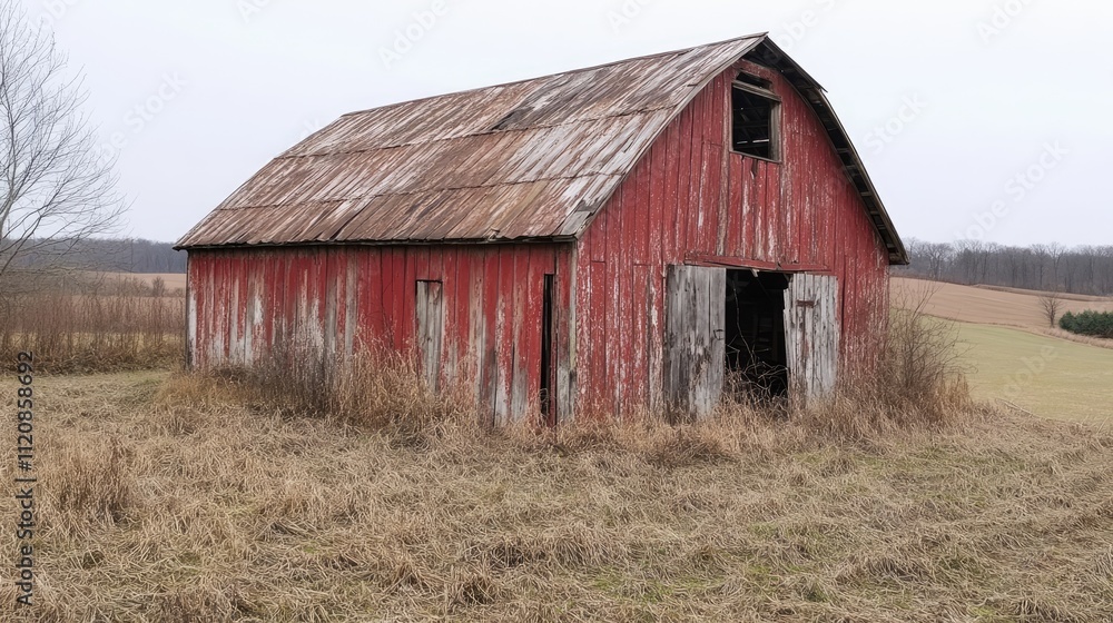 Abandoned rustic barn in overgrown agricultural field showcasing rural decay and nostalgic charm Abandoned rustic barn in overgrown agricultural field showcasing rural decay and nostalgic charm