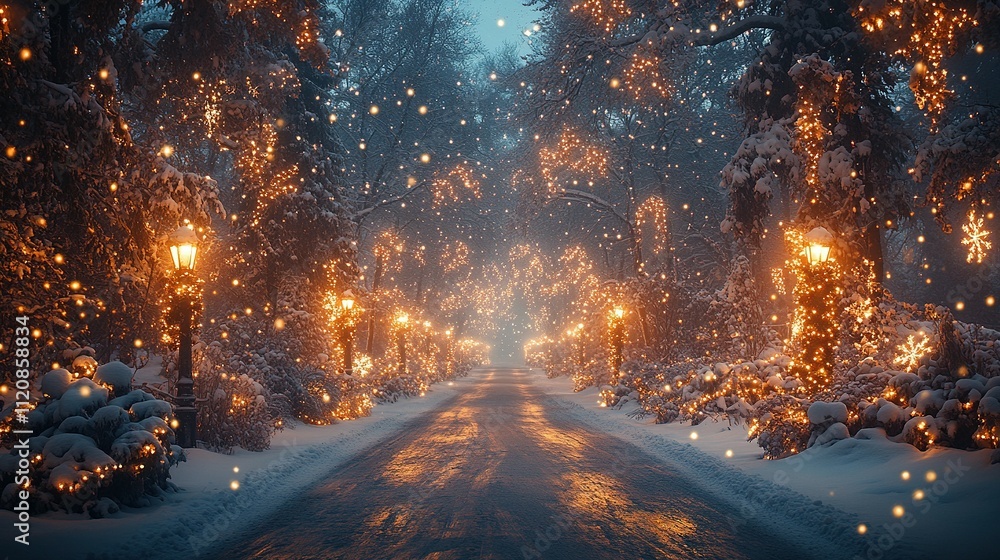 Naklejka premium Abetos Decorados y Faroles en un Fondo Navideño