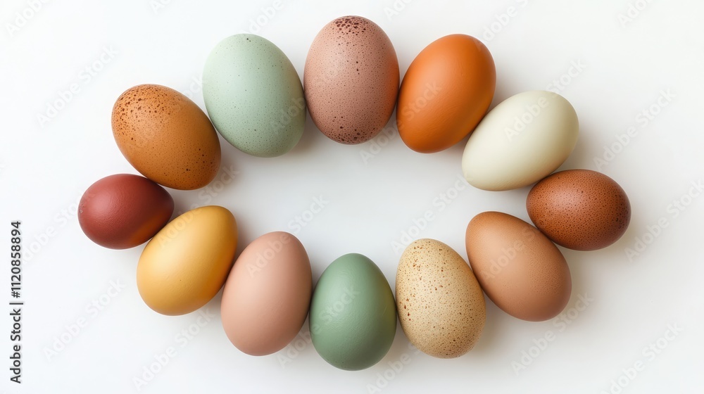 Colorful chicken eggs displayed in a fan shape on a clean white background showcasing a variety of natural hues and textures. Colorful chicken eggs displayed in a fan shape on a clean white background showcasing a variety of natural hues and textures.